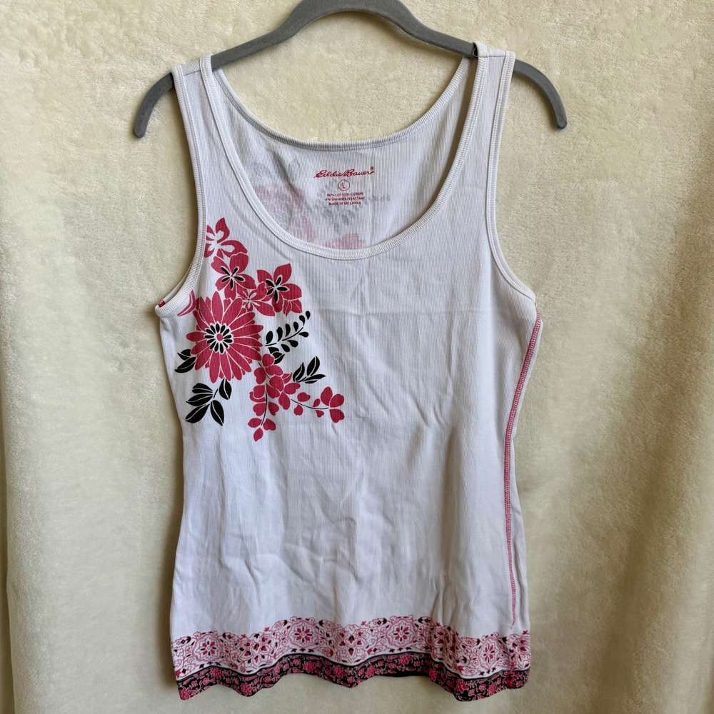 Eddie Bauer White Floral Graphic Ribbed Tank Top Paisley Hem Sz Large L